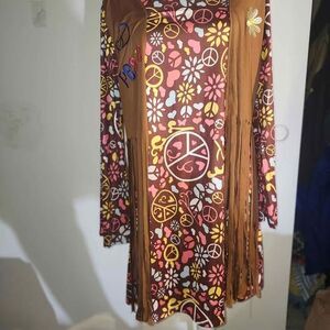 Graphic Peace Printed Sign Dress with Attached Fringed Dress XL